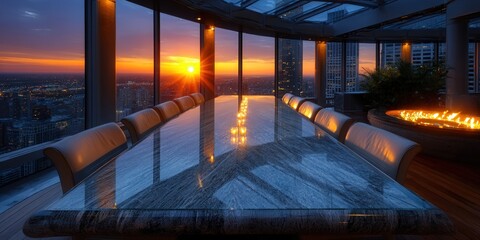 A stunning sunset casts a warm glow over a luxurious rooftop setting with a breathtaking city view.