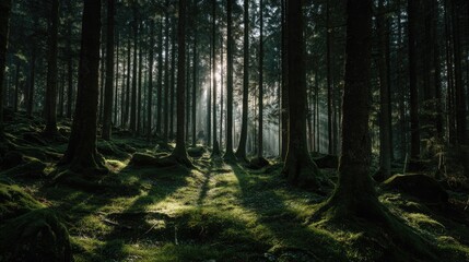 Obraz premium Sunlight filtering through a dense forest.