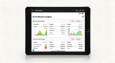Tablet displaying rural market data analytics, showcasing graphs and charts of financial performance.