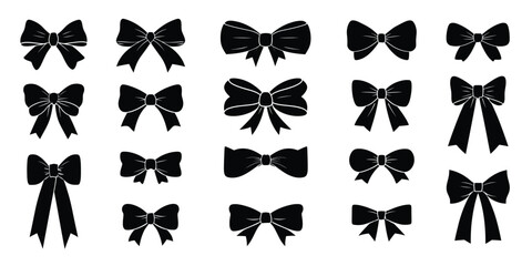 Set of bows, ribbon silhouette collection for design elements