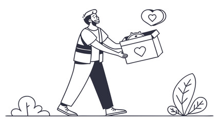 A volunteer carrying a box filled with donations, with heart symbols floating above.