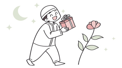 A joyful Muslim boy in traditional clothing holds a gift box under a crescent moon, a hand-drawn illustration for a religious celebration.