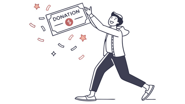 Cheerful person celebrates a donation, holding a certificate with confetti falling.