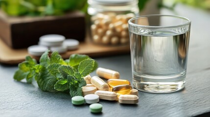 A glass of water beside various pills and capsules on a table, with fresh green mint leaves in the background.