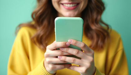 Happy woman in yellow sweater using smartphone with green case. Focus on mobile technology, communication, digital connection online. Browsing, texting, messaging on modern app, cellular network.