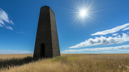 Dark stone tower stands tall in a golden field under a bright sky.
