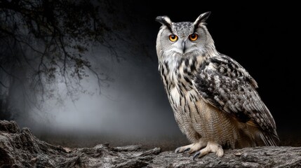 Fototapeta premium Owl perched on log in misty forest