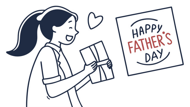 A smiling girl holding a gift box with a Father's Day greeting card.
