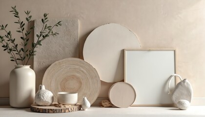 Neutral color palette mood board featuring natural textures, materials. Beige, taupe, brown, grey tones with wood, stone elements create calm, serene aesthetic. Ideal for interior design, home decor,