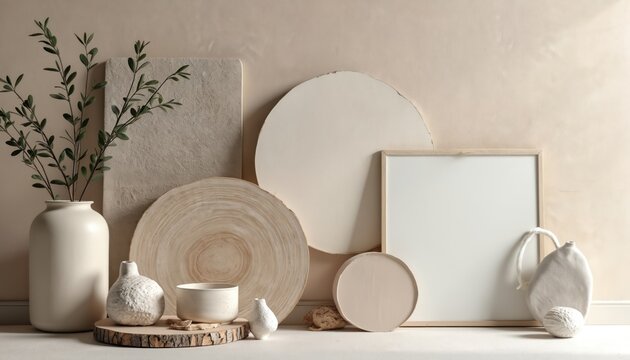 Neutral color palette mood board featuring natural textures, materials. Beige, taupe, brown, grey tones with wood, stone elements create calm, serene aesthetic. Ideal for interior design, home decor,