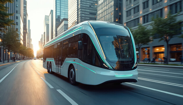 Futuristic self-driving electric bus moves on city street with tall buildings. Autonomous vehicle uses smart technology for eco-friendly public transportation. Features sensors, navigation for