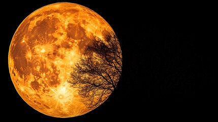 Large orange moon with silhouette of a tree.