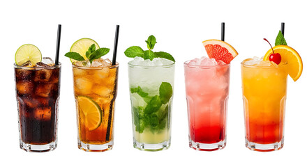 Assortment of colorful refreshing cocktails and drinks isolated on transparent background