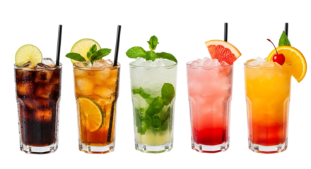 Assortment of colorful refreshing cocktails and drinks isolated on transparent background