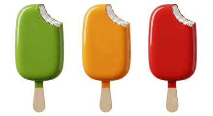 Three bitten popsicles in green orange and red isolated on transparent background