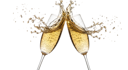 Two champagne glasses clinking with splashing liquid isolated on transparent background