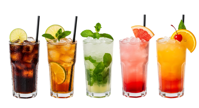 Assortment of colorful refreshing cocktails and drinks isolated on transparent background