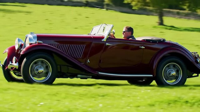 Classic burgundy car driving on green grass field on sunny day