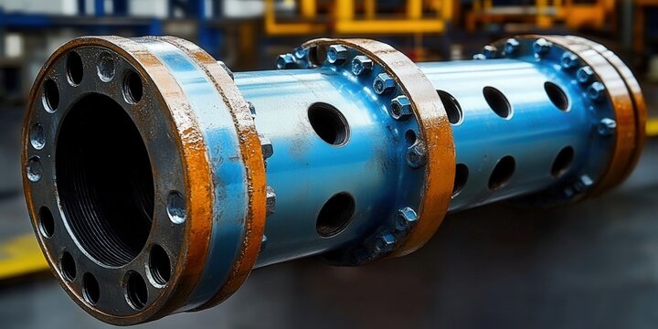 A close-up shot of a cylindrical metal component featuring a blue finish and rusty details.