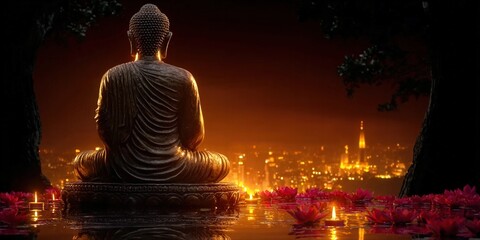 A contemplative Buddha statue sits amidst lotus flowers in a tranquil, candlelit scene at night.