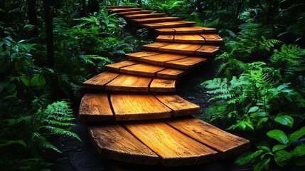 Winding wooden path through a lush forest.