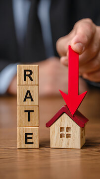 Wooden blocks spelling rate with a red arrow pointing down on a miniature house decrease