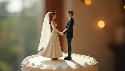 Wooden wedding cake topper features bride, groom holding hands, celebrating marriage, love. Charming miniature figurine adds special touch to wedding desserts, parties, ceremonies. Sweet keepsake for