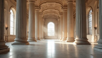 Grand legislative hall features massive stone pillars, high vaulted ceilings creating atmosphere of power, dignity. Sunlight streams through arched windows, illuminating marble floors, ornate