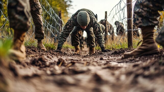 Soldiers in camouflage crawl under barbed wire during a military training exercise on a muddy ground outdoors.