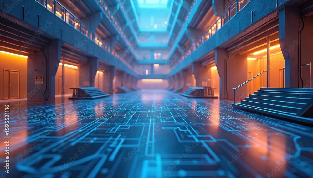 Fototapete Futuristic architectural blueprint illustration shows detailed floor plan layout for modern structure. Digital cyberspace network concept with blue lines on dark reflective surface in technologically