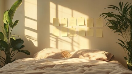 A sunlit bedroom with a cozy bed, beige linens, and plants on either side; sticky notes are arranged on the wall above the headboard.
