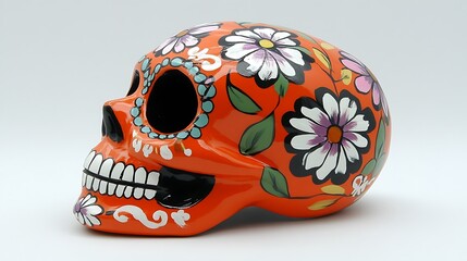 Orange skull decorated with colorful flowers.