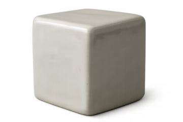 White ceramic cube resting on a transparent background, embodying minimalism, simplicity, and modern design