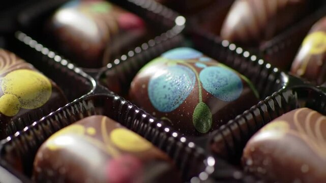 Box of dark chocolates with colorful designs on top, close up