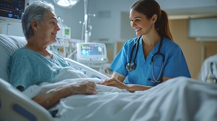 Obraz premium A nurse smiles warmly while holding the hand of an elderly male patient lying in a hospital bed, conveying care and compassion in a medical setting.