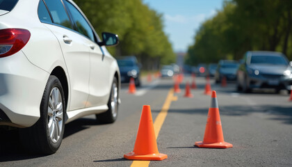 White car practices maneuvering through orange traffic cones on asphalt road. Focus on driver training, skill development, road safety education. Scene suggests learning driving techniques, building