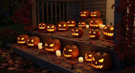 Glowing pumpkins with eerie faces sitting on a leaf-covered porch, symbolizing traditional Halloween decor in an autumn setting, stock photography style.
