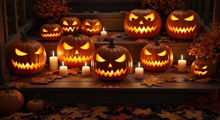 Jack-o'-lanterns lit from within, placed on a cozy wooden porch with scattered fall leaves, creating a mysterious Halloween night vibe, stock photography style.
