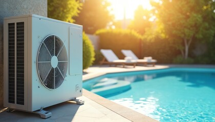Modern air heat pump unit situated beside bright blue swimming pool in sunny backyard. Efficient technology provides heating, cooling. Sleek outdoor design complements landscaping, offering comfort,