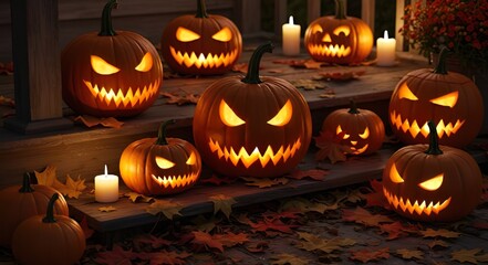Carved pumpkins with spooky faces glowing warmly on a rustic wooden porch, surrounded by colorful autumn leaves. Halloween atmosphere, stock photography style.