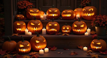 Pumpkins carved with spooky faces, glowing with candlelight on a wooden porch surrounded by autumn leaves, stock photography style.