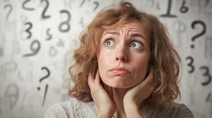 A confused woman looks up, surrounded by floating question marks and numbers, symbolizing uncertainty and contemplation.
