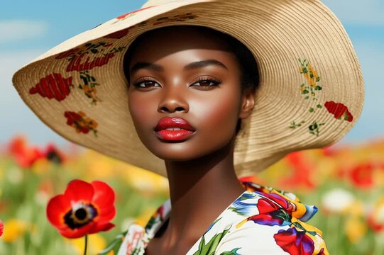 Georgous african woman with straw hat in a flower field