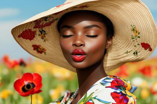 Georgous african woman with red lips in a flower field