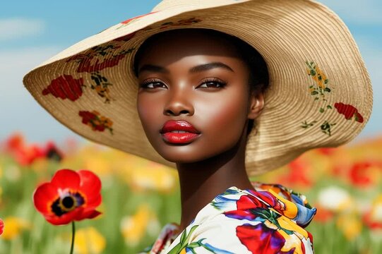 Georgous african woman with straw hat in a flower field