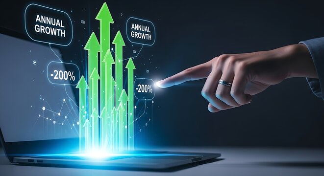 Laptop with green upward arrows and annual growth text with a hand touching the screen display