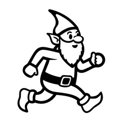 Naklejka premium Running garden gnome with hat and beard in black and white style 