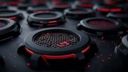 Close-up view of futuristic black and red technology components.