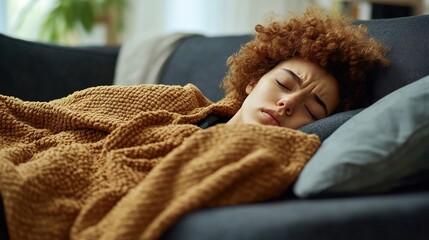 A young woman with curly hair lies on a couch wrapped in a brown blanket, appearing unwell or tired with a pained expression.