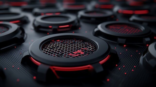 Close-up view of futuristic black and red technology components.